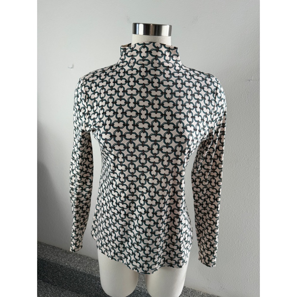 Ann Taylor Womens Small Mock Neck Top Long Sleeve Cotton Chain Link Print Teal
